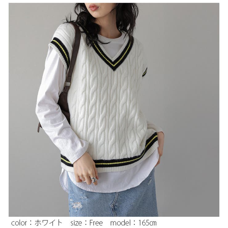 Vネック ケーブル編みニット ベスト | La-gemme | 詳細画像5 