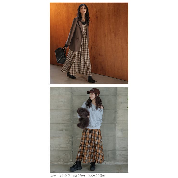 キャミワンピース ロング丈 チェック柄[品番：LGMW0005966]｜La