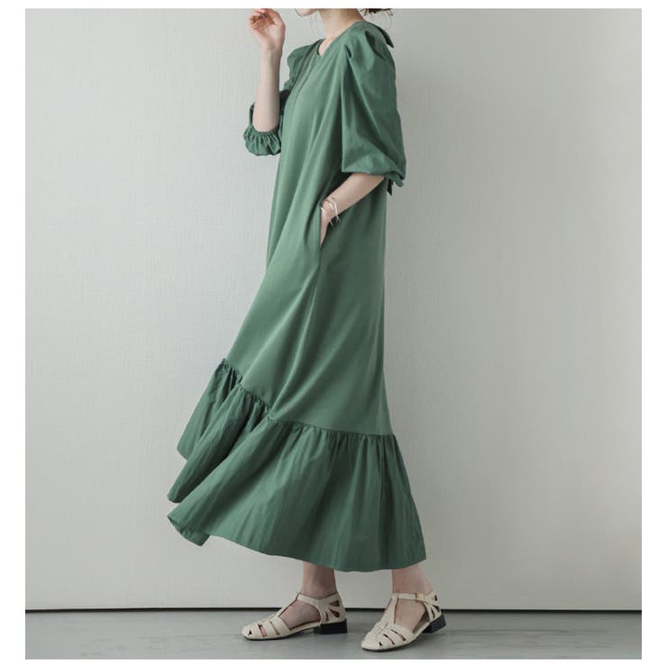 ロングワンピース ボリューム袖 バックリボン[品番:LGMW0004621 ロングワンピース ボリューム袖 バックリボン[品番:LGMW0004621