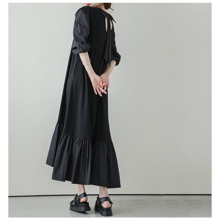 ロングワンピース ボリューム袖 バックリボン[品番：LGMW0004621