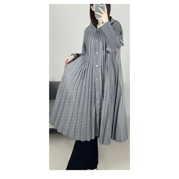 GRAY | アウター ジャケット プリーツ 膝下 長袖 無地 フリーサイズ コート | LATTE