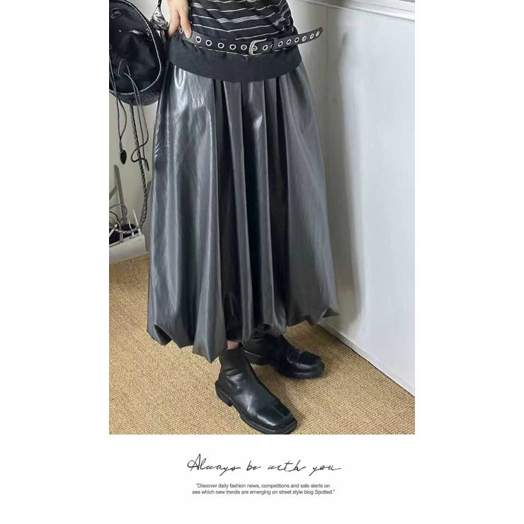 ロングスカート 膝下 Aライン ウエストゴム ボリューム ゆったり 薄PU | LATTE | 詳細画像3 