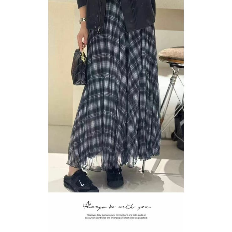 ロングスカート ひざ下 Aライン チェック ウエストゴム ボリューム レース | LATTE | 詳細画像5 