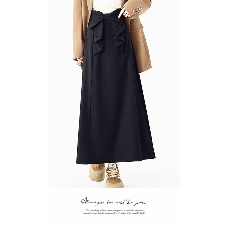 BLACK | ボトムス ロングスカート 膝下 ひざ下 Aライン リラックス リボン付き | LATTE