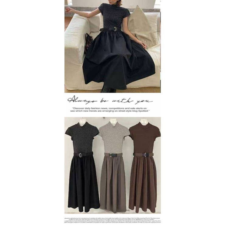 ワンピース 重ね着 ロング丈 膝下 高級 半袖  ベルト付き 配色 | LATTE | 詳細画像2 