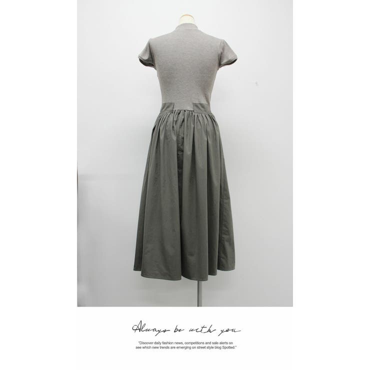 ワンピース 重ね着 ロング丈 膝下 高級 半袖  ベルト付き 配色 | LATTE | 詳細画像6 