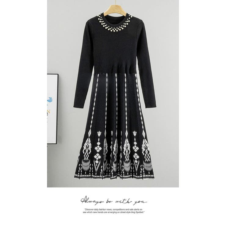 ワンピース 重ね着 ロング丈 膝下 長袖 ニット パール付き  暖かい | LATTE | 詳細画像2 