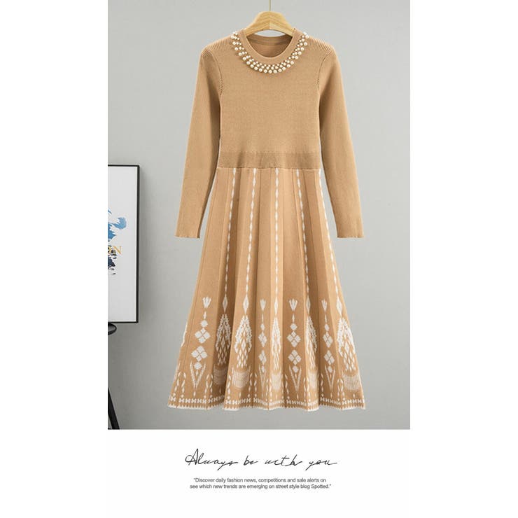 ワンピース 重ね着 ロング丈 膝下 長袖 ニット パール付き  暖かい | LATTE | 詳細画像3 