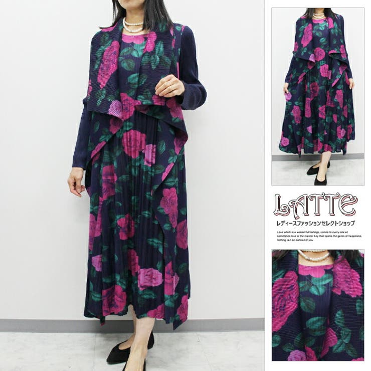 花柄プリント重ね着風プリーツワンピースAY25821-2 | LATTE | 詳細画像1 