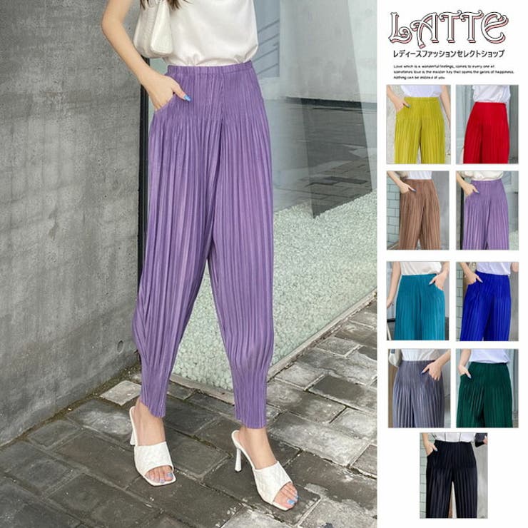 ワイドパンツ ロング 膝下 ひざ下 プリーツパンツ ゆったり ウエストゴム | LATTE | 詳細画像1 
