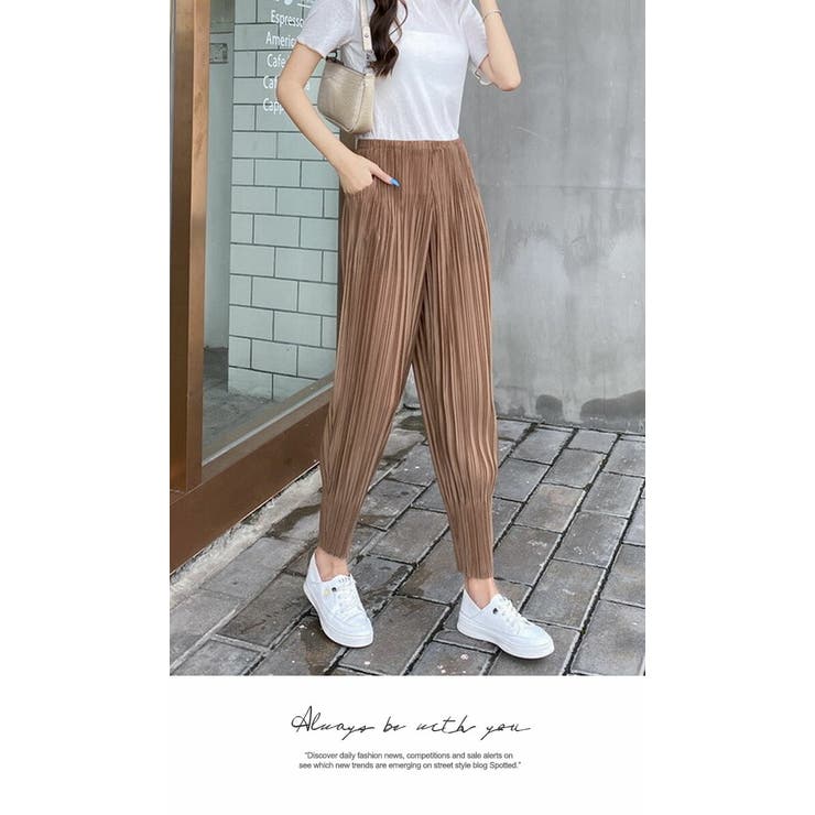 ワイドパンツ ロング 膝下 ひざ下 プリーツパンツ ゆったり ウエストゴム | LATTE | 詳細画像2 