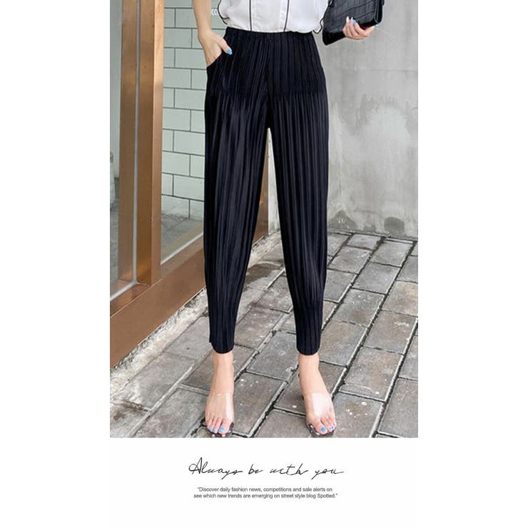 ワイドパンツ ロング 膝下 ひざ下 プリーツパンツ ゆったり ウエストゴム | LATTE | 詳細画像4 