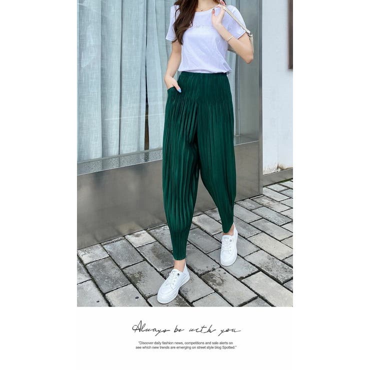 ワイドパンツ ロング 膝下 ひざ下 プリーツパンツ ゆったり ウエストゴム | LATTE | 詳細画像6 