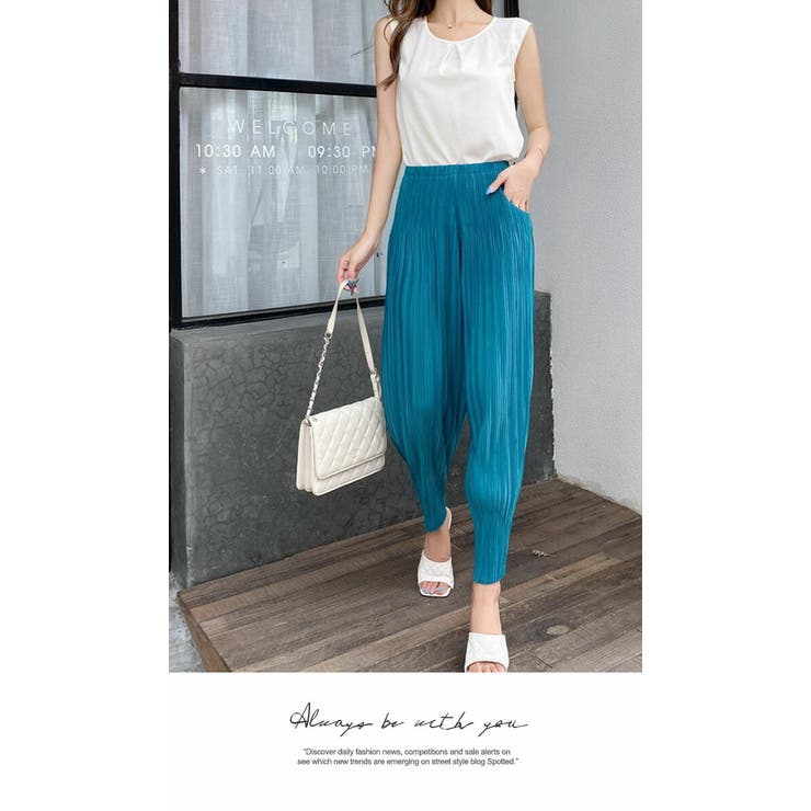 ワイドパンツ ロング 膝下 ひざ下 プリーツパンツ ゆったり ウエストゴム | LATTE | 詳細画像7 