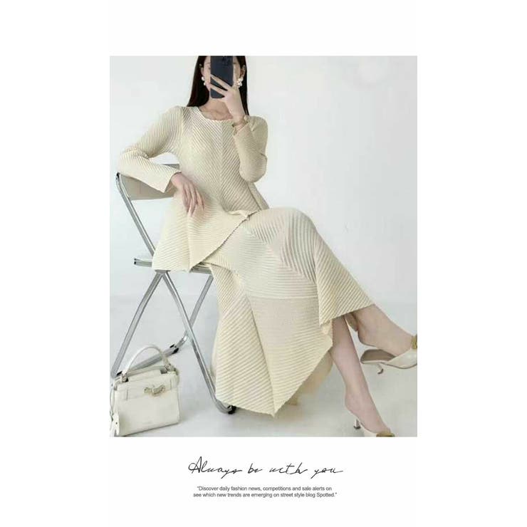 ワンピース 重ね着 ロング丈 膝下 プリーツ 長袖 エレガント フリーサイズ | LATTE | 詳細画像4 