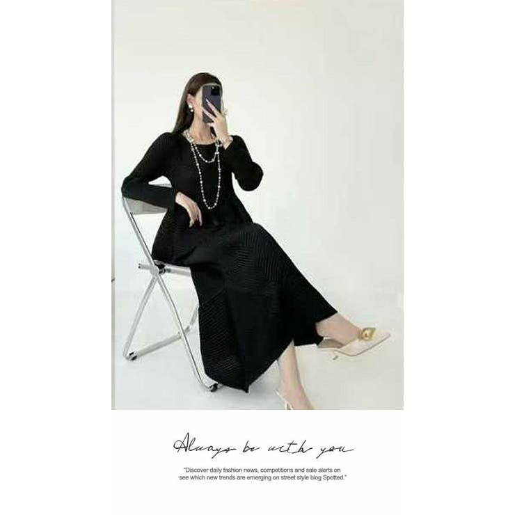 ワンピース 重ね着 ロング丈 膝下 プリーツ 長袖 エレガント フリーサイズ | LATTE | 詳細画像5 