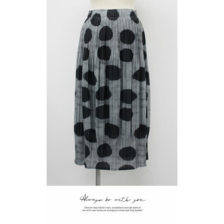 GRAY | ロング 膝下 ひざ下 プリーツスカート リラックス ウエストゴム  ドット | LATTE
