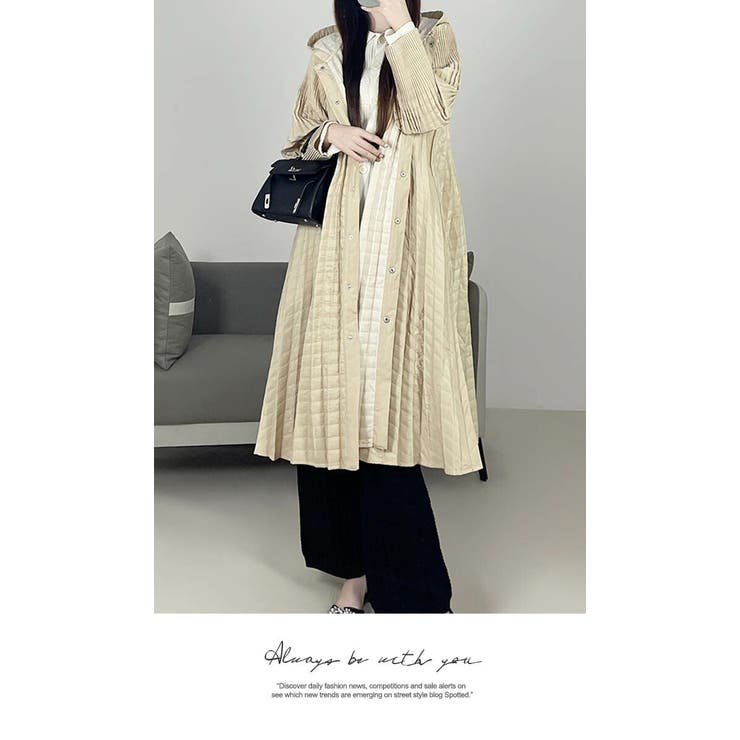 アウター ジャケット プリーツ 膝下 長袖 無地 フリーサイズ コート | LATTE | 詳細画像3 