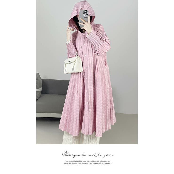 アウター ジャケット プリーツ 膝下 長袖 無地 フリーサイズ コート | LATTE | 詳細画像4 