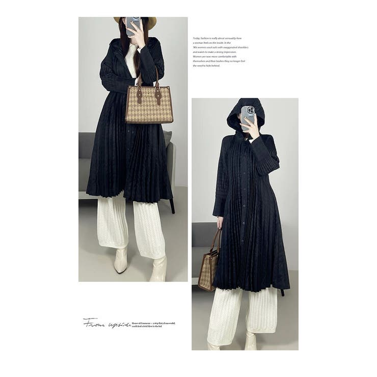 アウター ジャケット プリーツ 膝下 長袖 無地 フリーサイズ コート | LATTE | 詳細画像6 