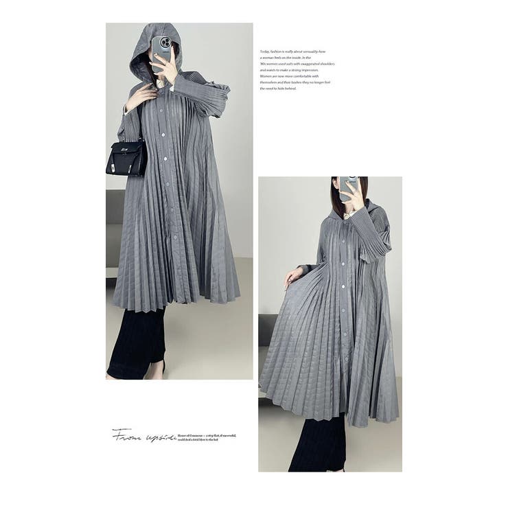 アウター ジャケット プリーツ 膝下 長袖 無地 フリーサイズ コート | LATTE | 詳細画像7 