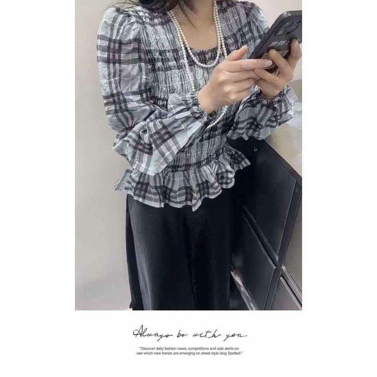 トップス チェック 長袖 秋冬 散歩 配色 デート シャーリング ブラウス | LATTE | 詳細画像2 