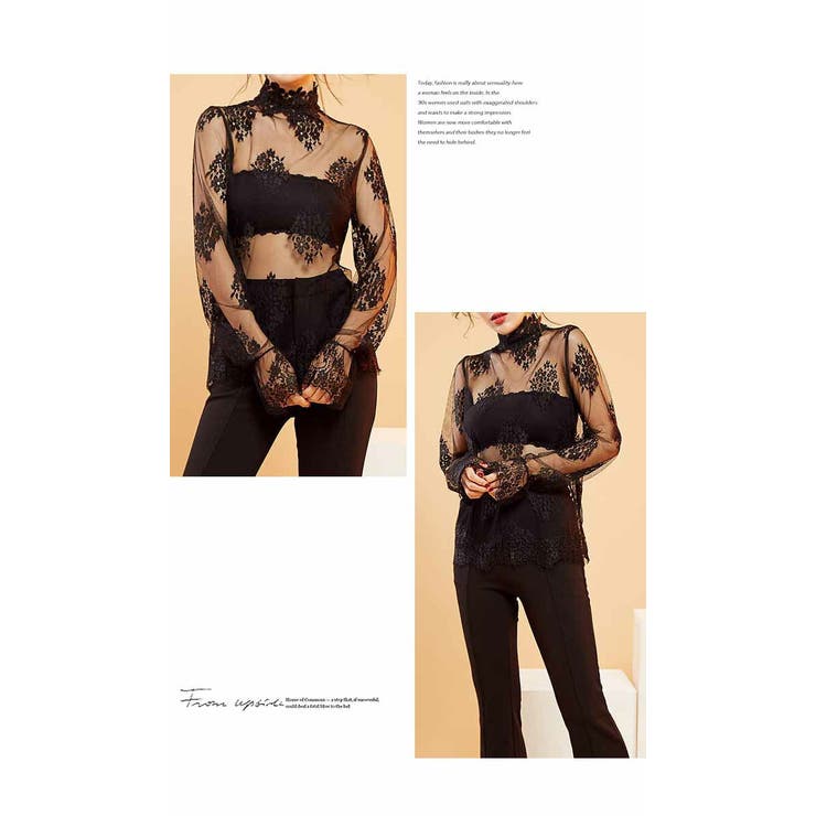 ハイネック カットソー 肌隠し レース 透け感 インナー 長袖 シースルー | LATTE | 詳細画像4 