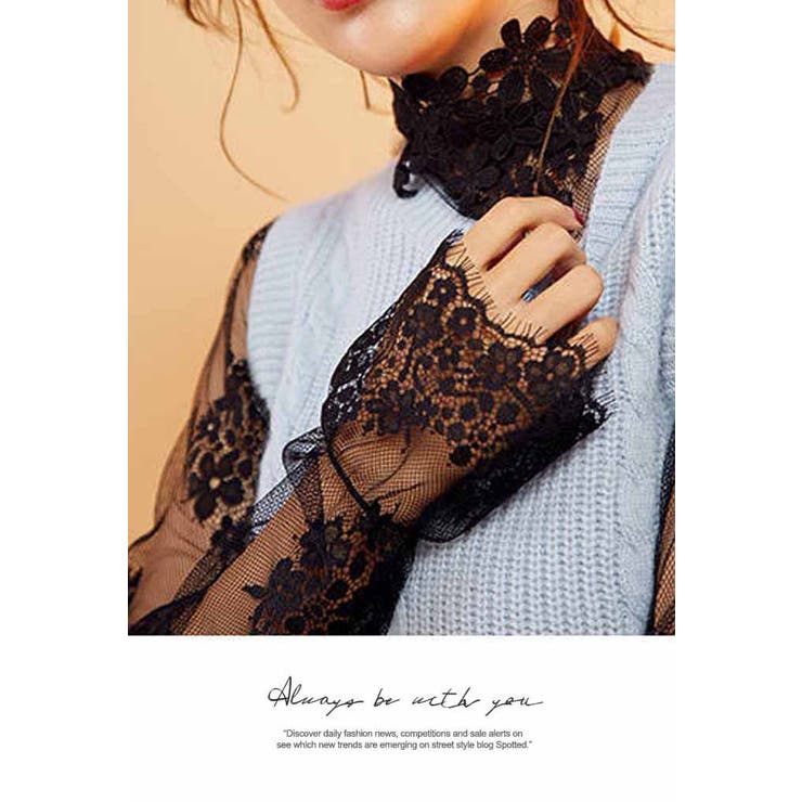 ハイネック カットソー 肌隠し レース 透け感 インナー 長袖 シースルー | LATTE | 詳細画像5 