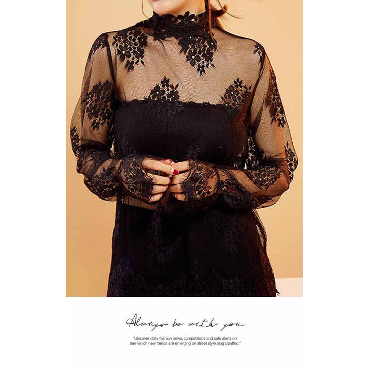 ハイネック カットソー 肌隠し レース 透け感 インナー 長袖 シースルー | LATTE | 詳細画像6 