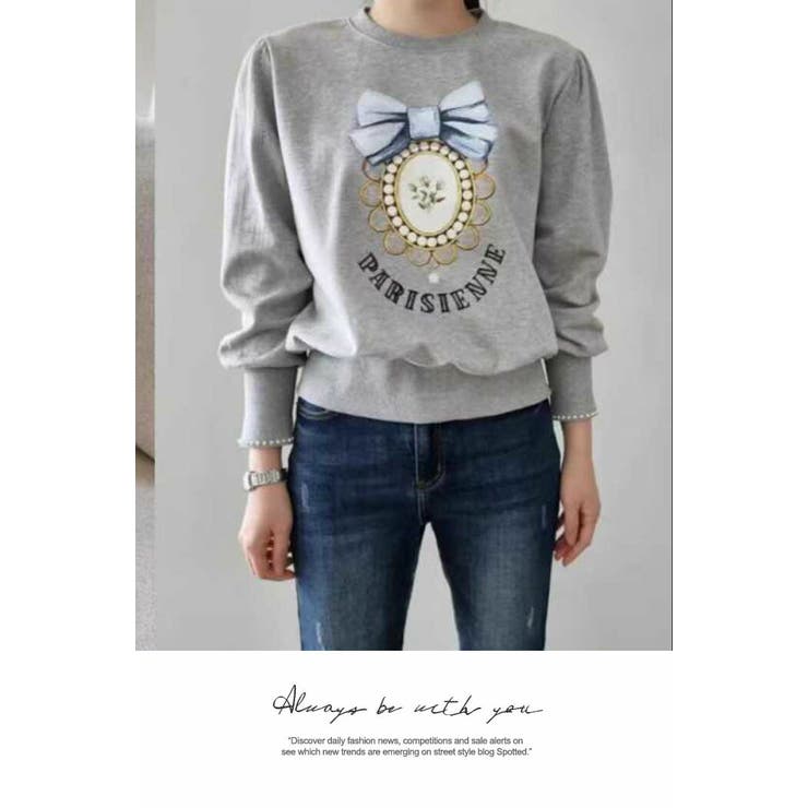 長袖 ナチュラル リボン プリント Tシャツ 長袖 秋冬スタンダード | LATTE | 詳細画像3 