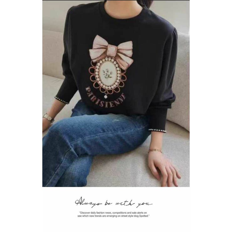 長袖 ナチュラル リボン プリント Tシャツ 長袖 秋冬スタンダード | LATTE | 詳細画像4 