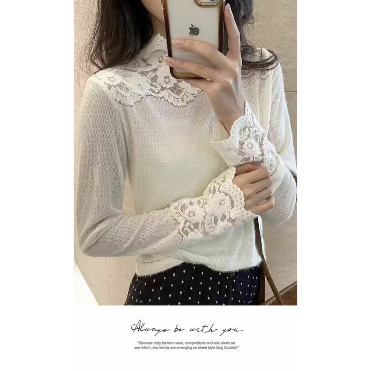 ハイネック トップス トップス レース お花 インナー 無地 長袖 | LATTE | 詳細画像2 