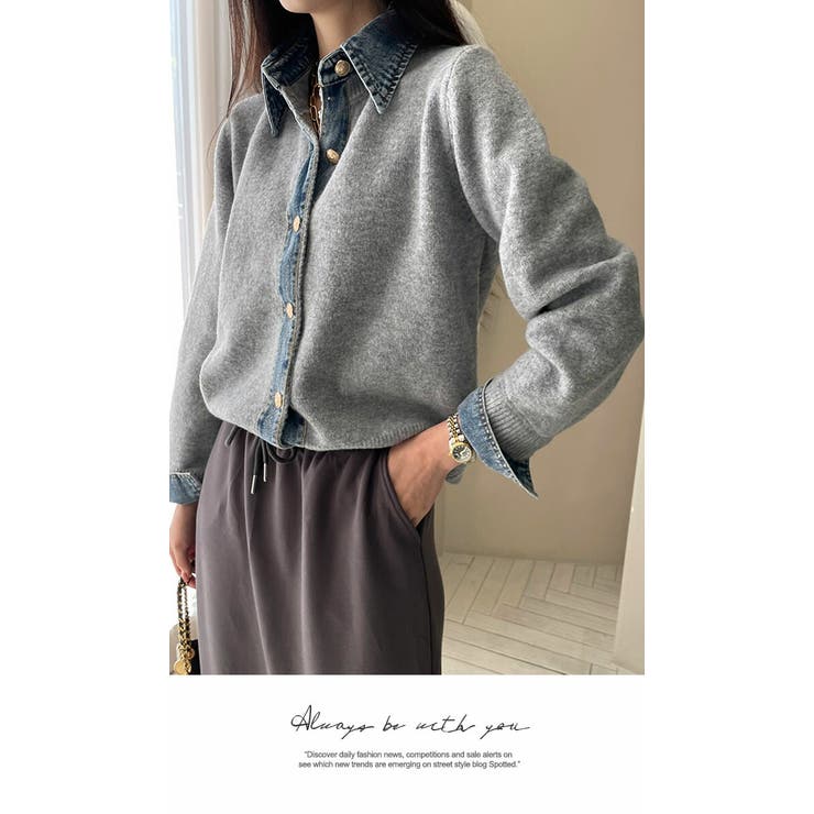 アウター カーディガン ニット 秋冬  もこもこ 長袖 デニム ニット 配色 | LATTE | 詳細画像2 