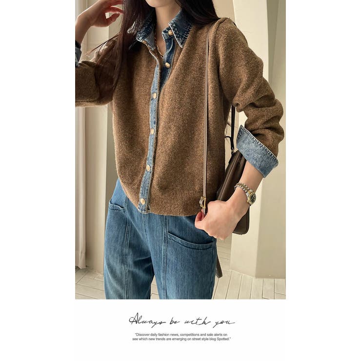 アウター カーディガン ニット 秋冬  もこもこ 長袖 デニム ニット 配色 | LATTE | 詳細画像6 