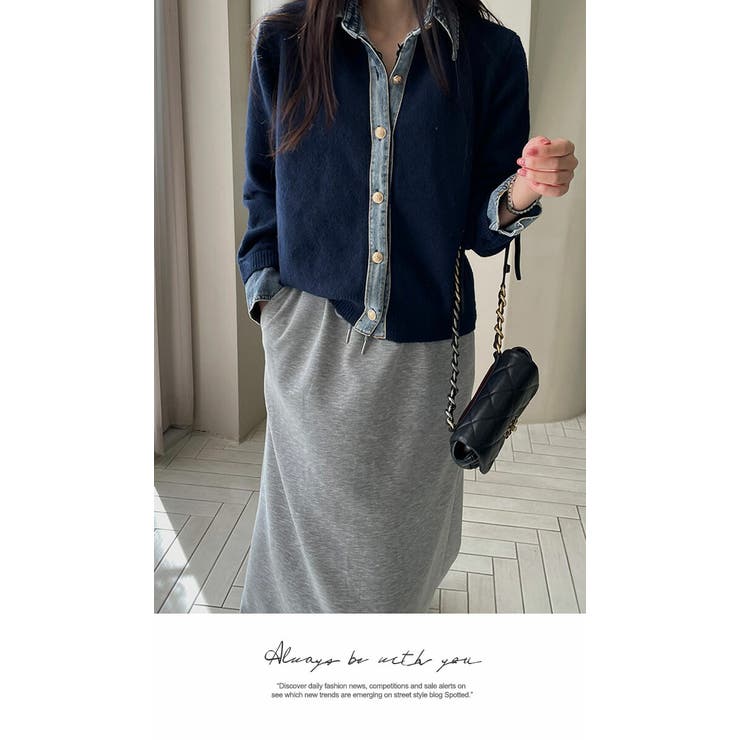 アウター カーディガン ニット 秋冬  もこもこ 長袖 デニム ニット 配色 | LATTE | 詳細画像7 