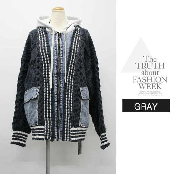 アウター カーディガン ニット 秋冬  もこもこ 長袖 デニム ニット 配色 | LATTE | 詳細画像11 