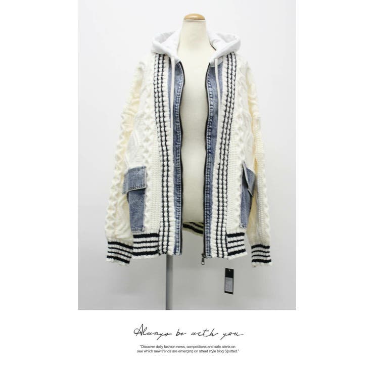 アウター カーディガン ニット 秋冬  もこもこ 長袖 デニム ニット 配色 | LATTE | 詳細画像7 