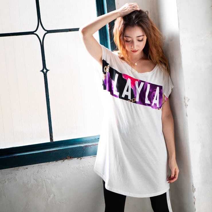 LAYLA花柄ロングTシャツ＆ラインレギンスセット[品番