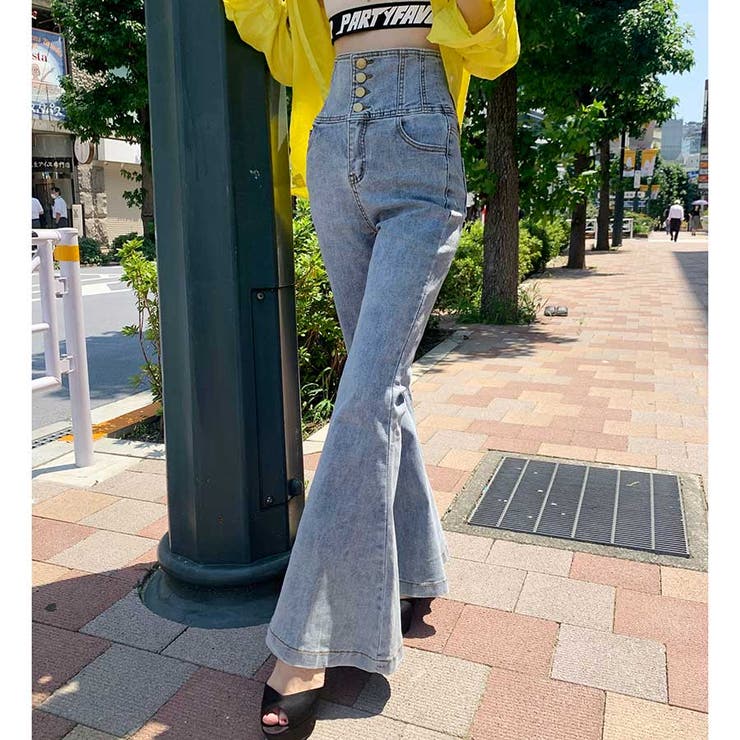 ハイウエスト美脚デニムフレアパンツ レディースファッション