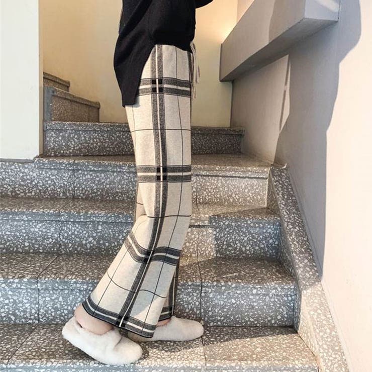 チェック柄ルーズワイドニットパンツ ファッション通販 女性