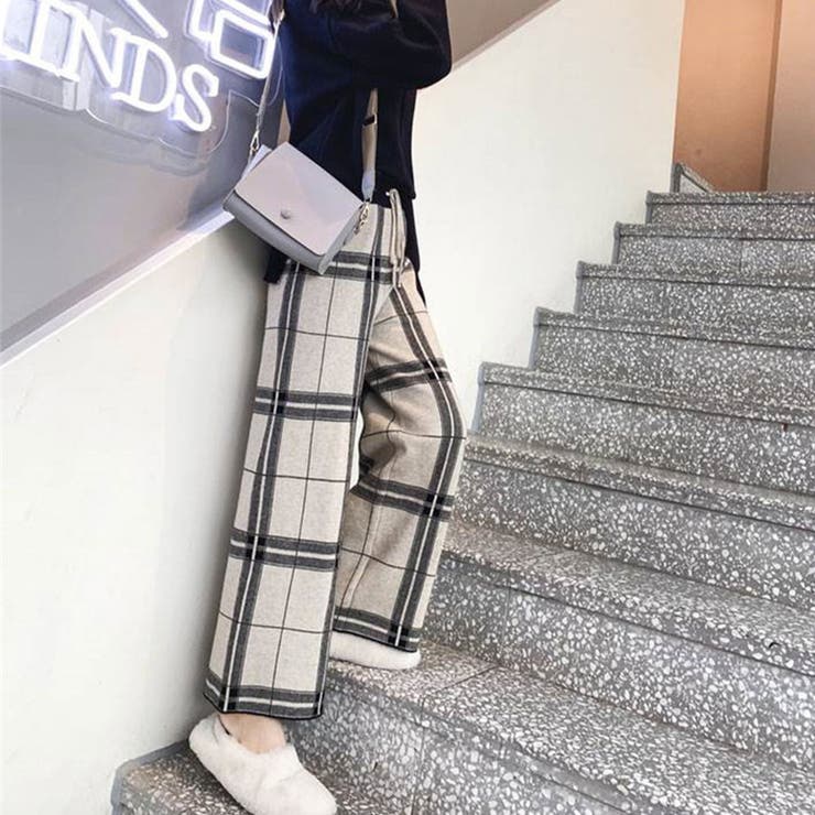 チェック柄ルーズワイドニットパンツ ファッション通販 女性