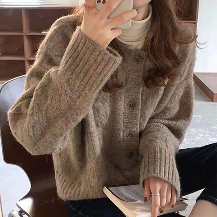 ボリューム袖ケーブルニットカーディガン ファッション通販 女性[品番 