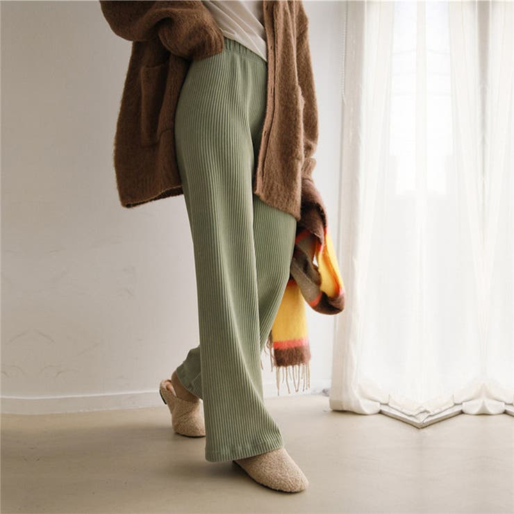 ライトグリーン | リブワイドカラーパンツ 女性 レディース | LAYLA