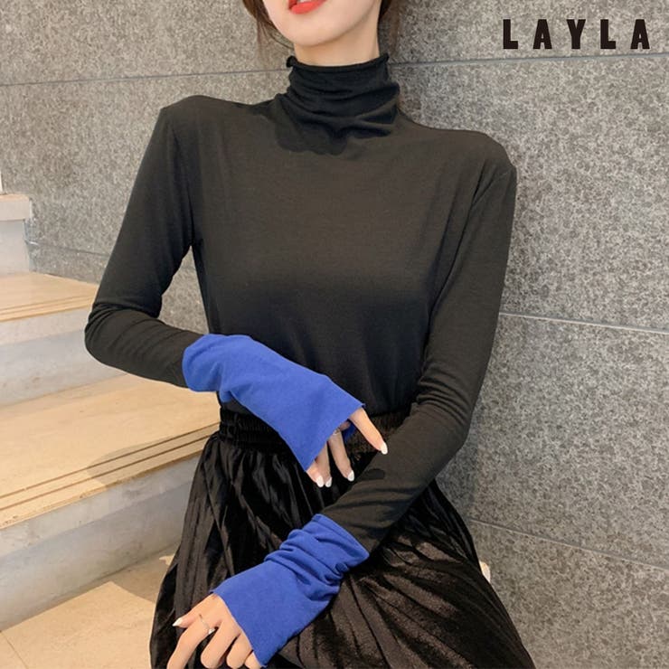 ブラック×ブルー | 袖くしゅ配色ハイネックカットソー ファッション通販 女性 | LAYLA