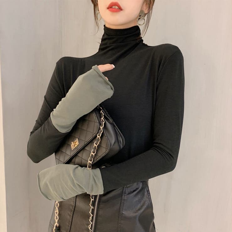 ブラック×カーキ | 袖くしゅ配色ハイネックカットソー ファッション通販 女性 | LAYLA