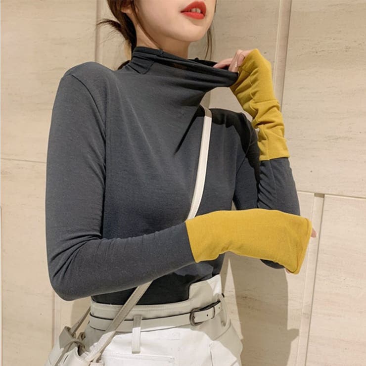 グレー×カラシ | 袖くしゅ配色ハイネックカットソー ファッション通販 女性 | LAYLA