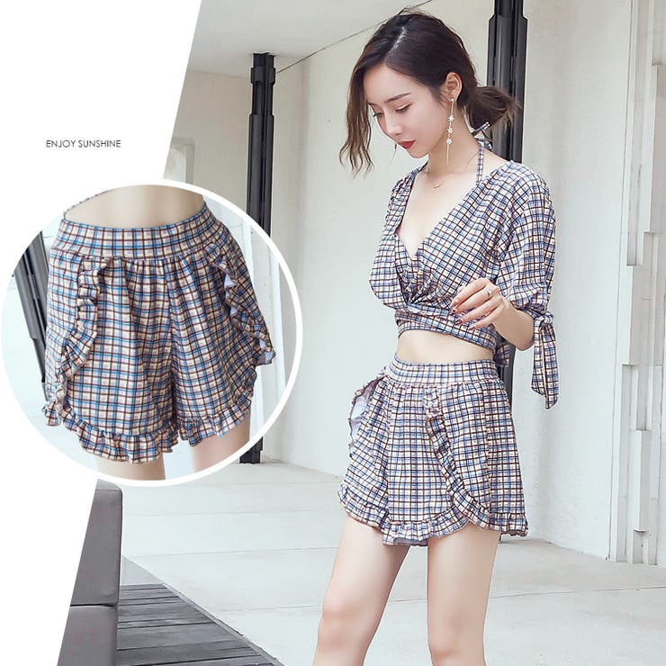 レディースファッション通販 水着ビキニ4点セットチェック柄