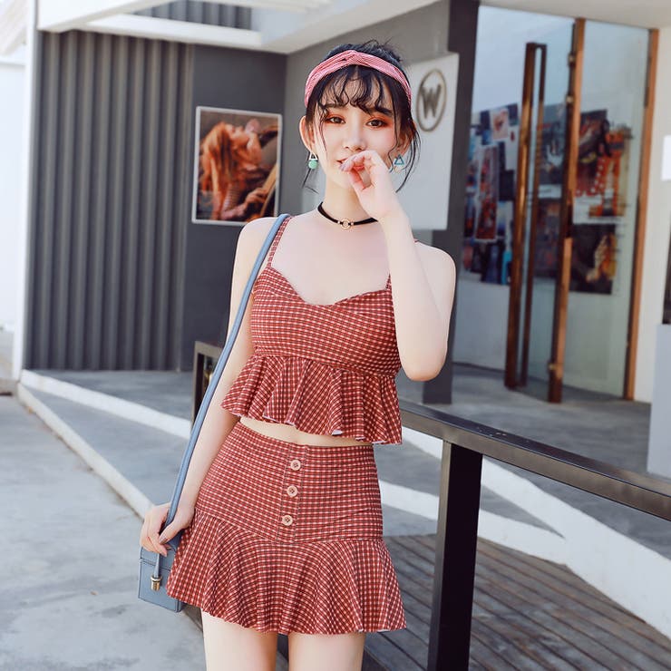 レディースファッション通販水着2点セット赤＆ピンクチェック柄