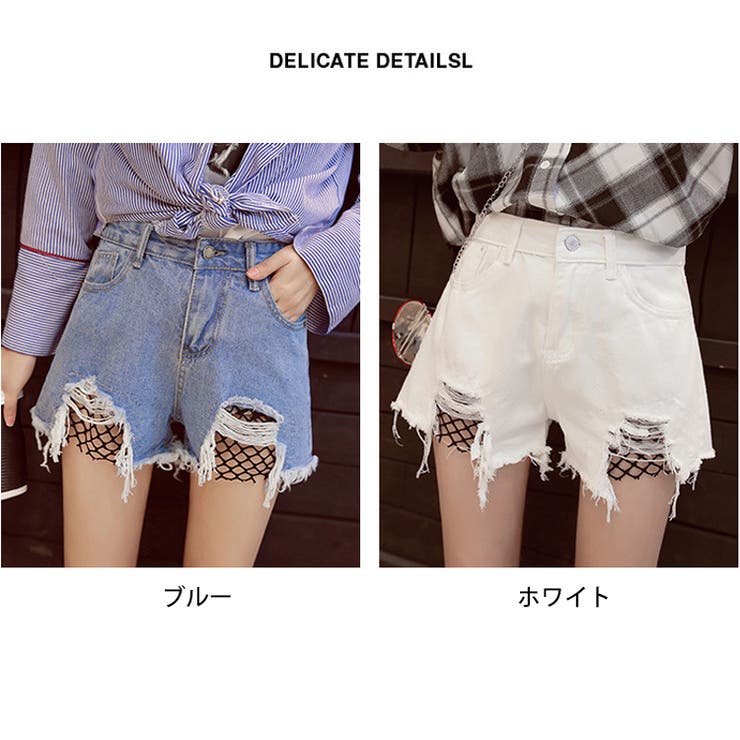 Cider◆デニム ストライプ ショートパンツ【送料込み】 ハイウエスト LEFT HEM ダメージデニム ショートパンツ[品番