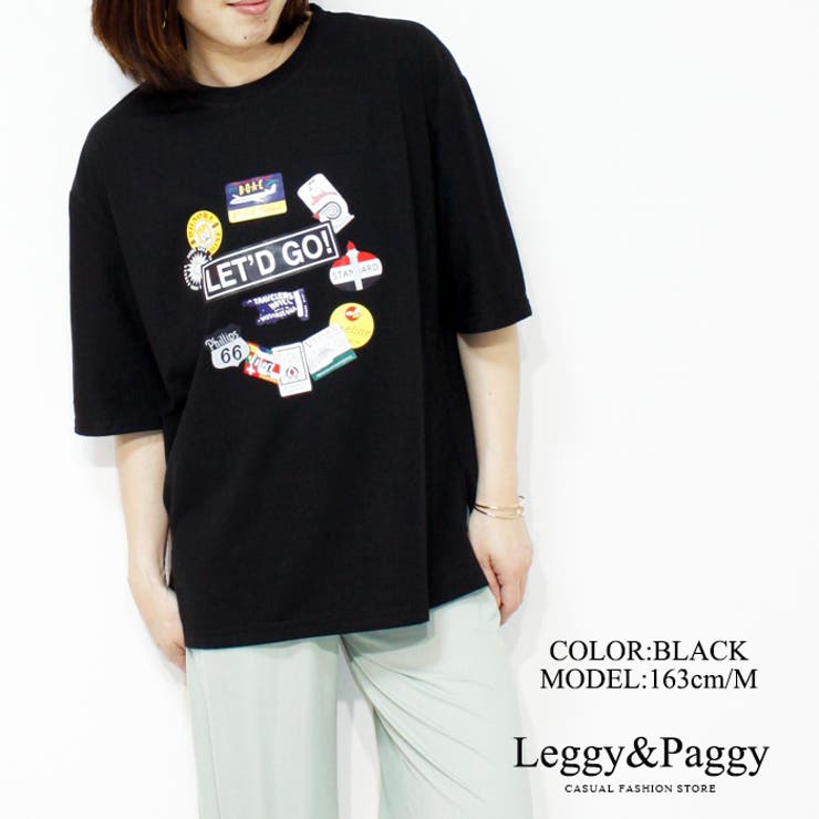 ステッカー風デザインTシャツ ゆったりサイドスリット入りT